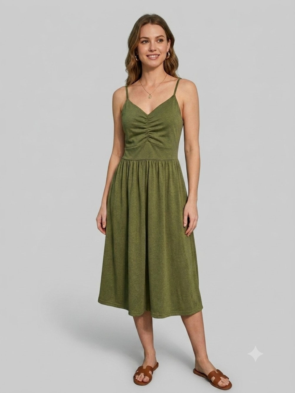 Yathon Olive Green Ruched Bodice Midi Dress with Spaghetti Straps